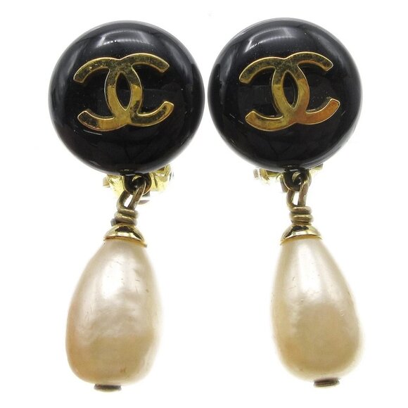 Chanel Artificial Pearl Dangle Earrings Clip-On Black - Picture 1 of 6